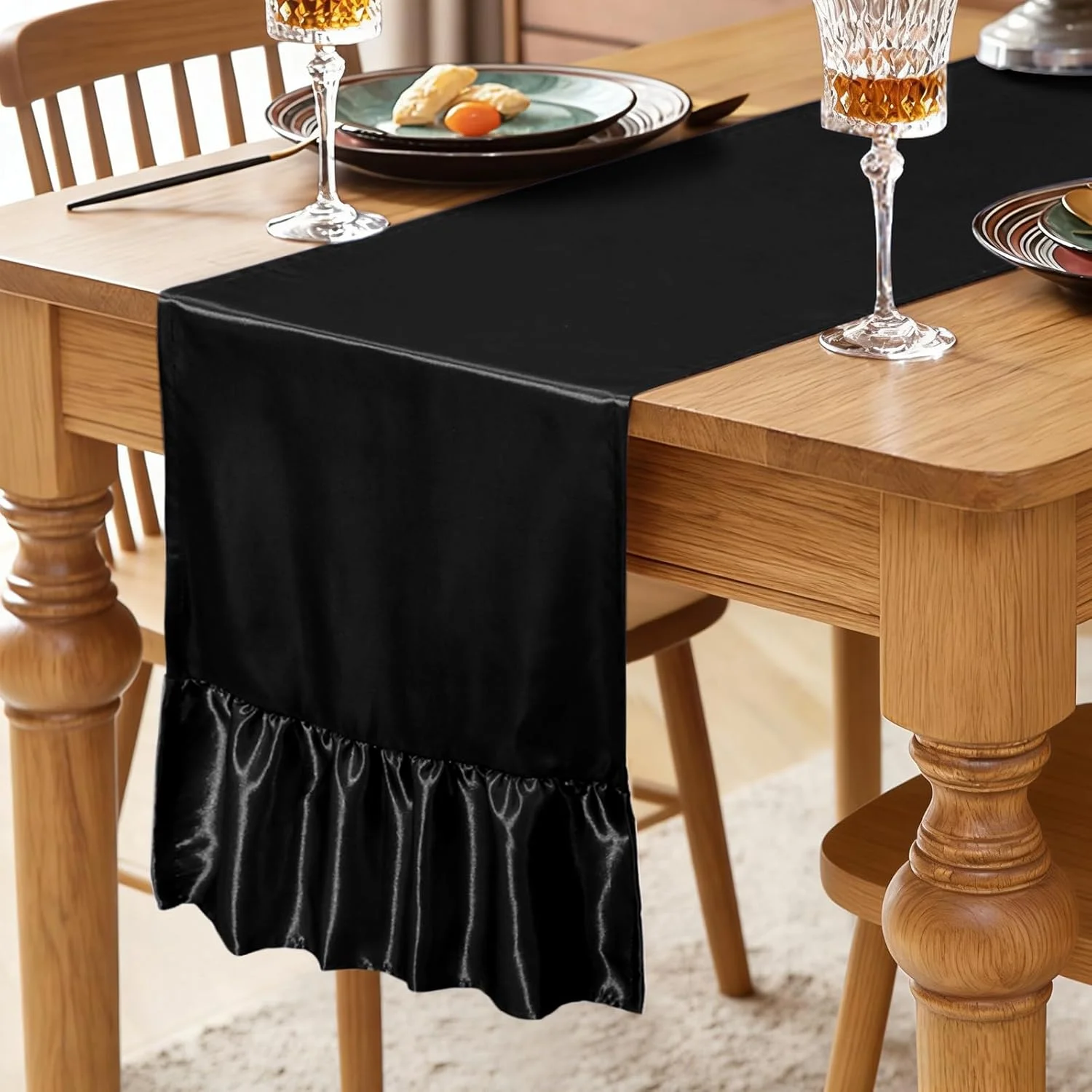 2PCS Satin Ruffle Table Runner Event Party Supplies Decor for Holiday Wedding Party Dining Baby Shower Dresser Home Table Decor