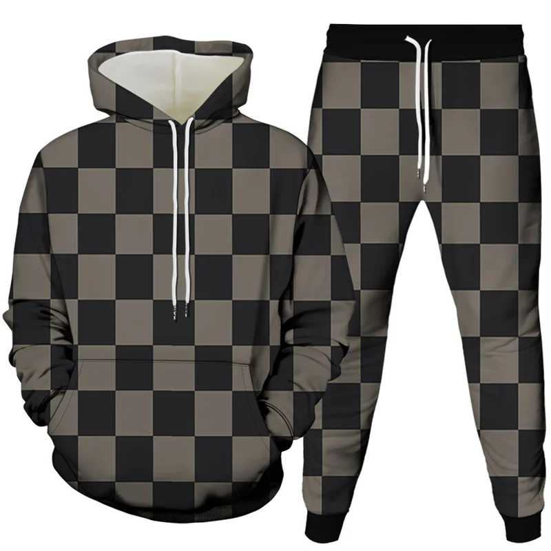 Square Stripe Printed Men Women Hoodie Pants 2PcsSets Harajuku Clothes Spring Autumn Fashion Outdoor Sportswear Suit Size S-6XL