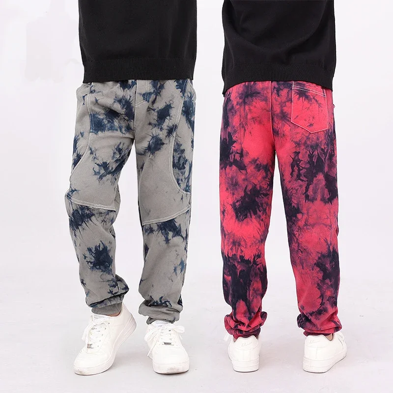 Spring Big Boys Tie Dye Patchwork Casual Children's Elastic Waist Sweatpants Grey/red Jogger Pant for Teenage Baby Trousers Fall