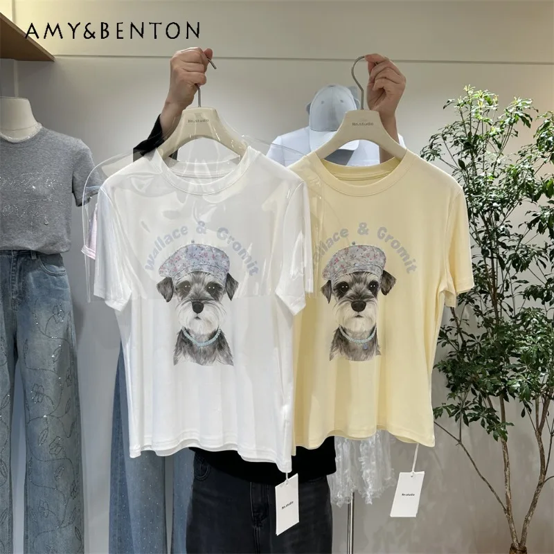 

Straight-shoulder Pure Cotton Short-sleeves T-shirt Women's 2026 Summer New Loose-fitting And Slimming Top Cute Dog Design Tees