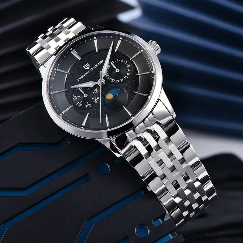 PAGANI تصميم القمر المرحلة 40 مللي متر ساعة رجالية 100 متر مقاوم للماء الساعات العلامة التجارية الأعلى الياقوت الزجاج متعددة الوظائف ساعة كوارتز رجالية 2025