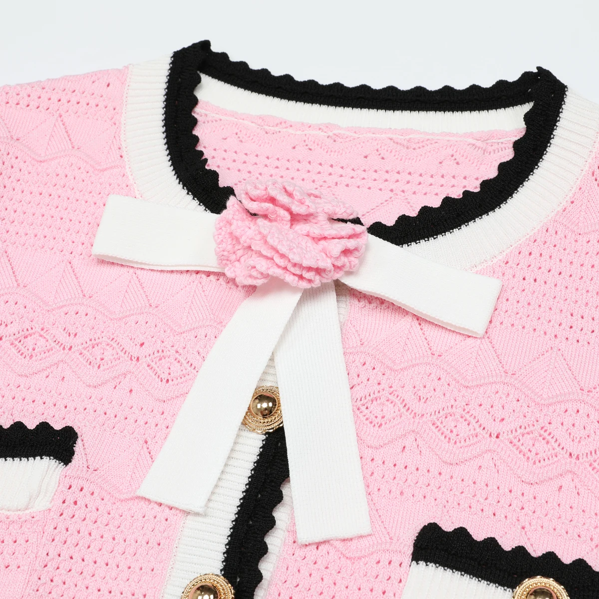 26269 High Quality Women Knitted Two Piece Set Bow Color Block Long Sleeve Cardigan Skirt Suit Summer Autumn Daily Wear
