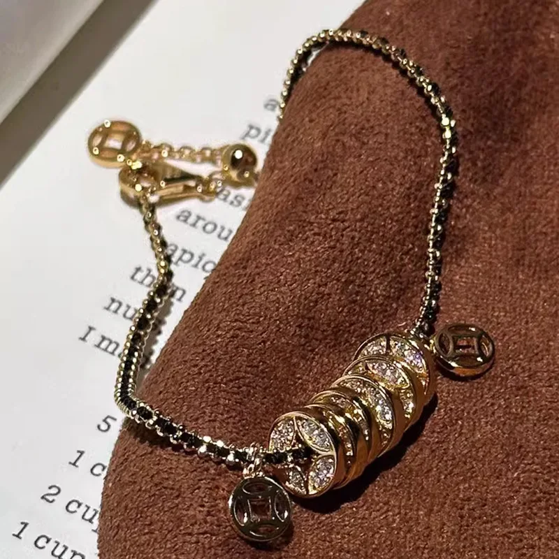 Vintage Glossy Full Diamonds Copper Coin Bracelets for women New in Charms Black Gold Braided Rope Bracelet Banquet Jewelry Gift