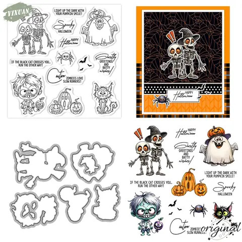 Halloween Skeleton Ghost Cutting Dies Clear Stamp Set DIY Scrapbooking Metal Dies Silicone Stamp Card Making Crafts Albums Decor