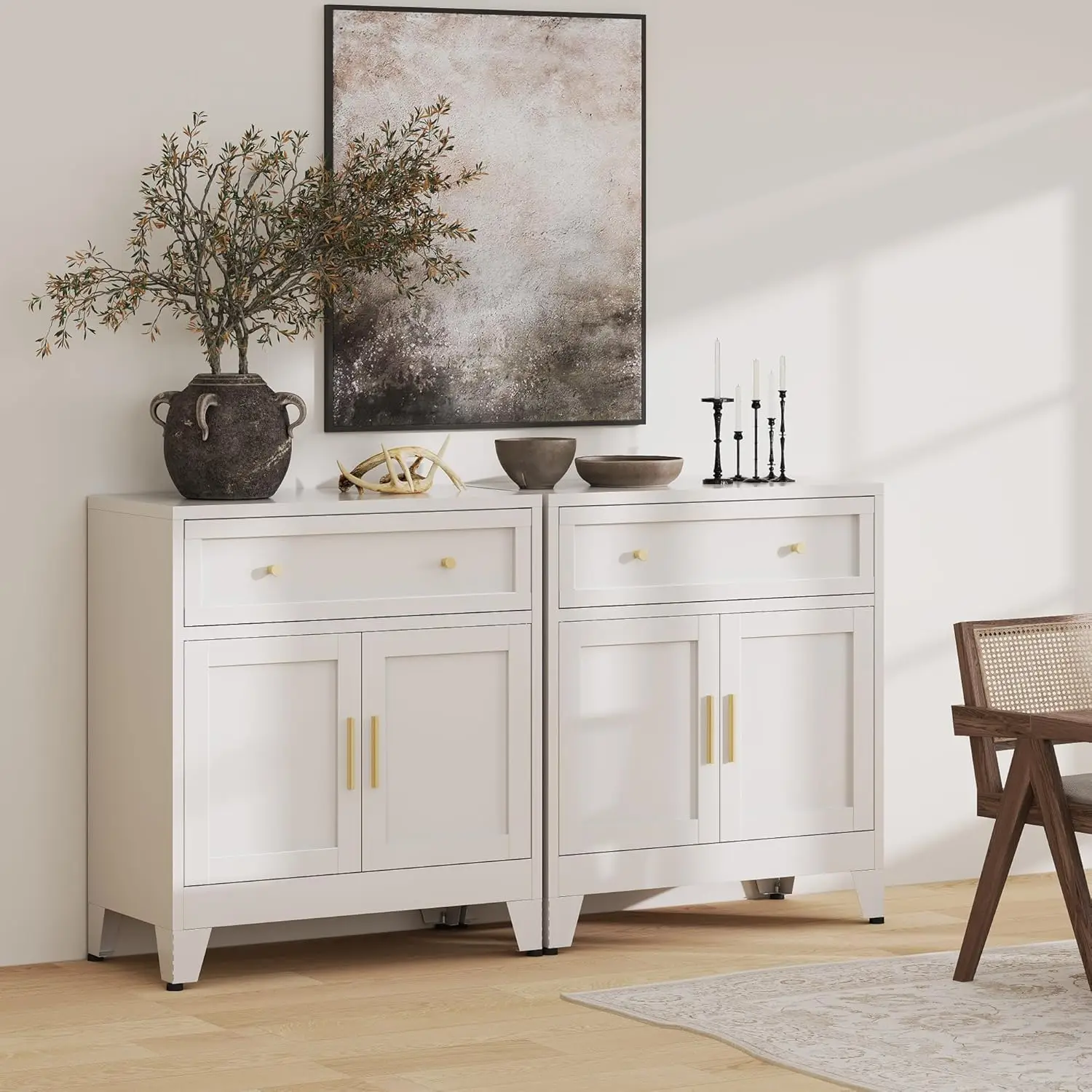 White Metal Buffet Cabinet with Storage for Kitchen or Dining Room