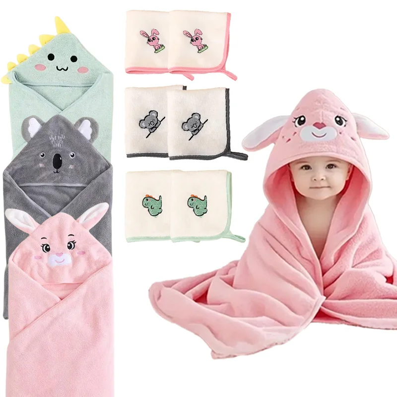 A cute children's wearable blanket, two cartoon embroidered face towels, soft and comfortable with strong water absorption