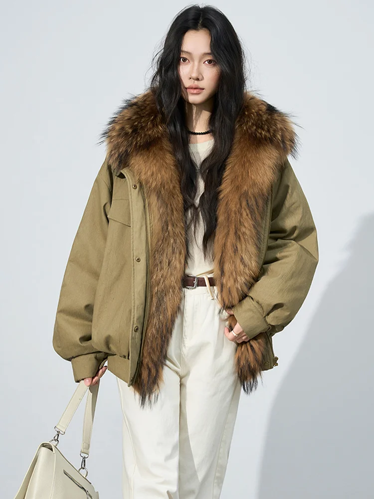 

New Winter Luxury Natural Real RaccoonFur Collar Coats Outwear Female Denim Jacket Women's Goose Down Jacket