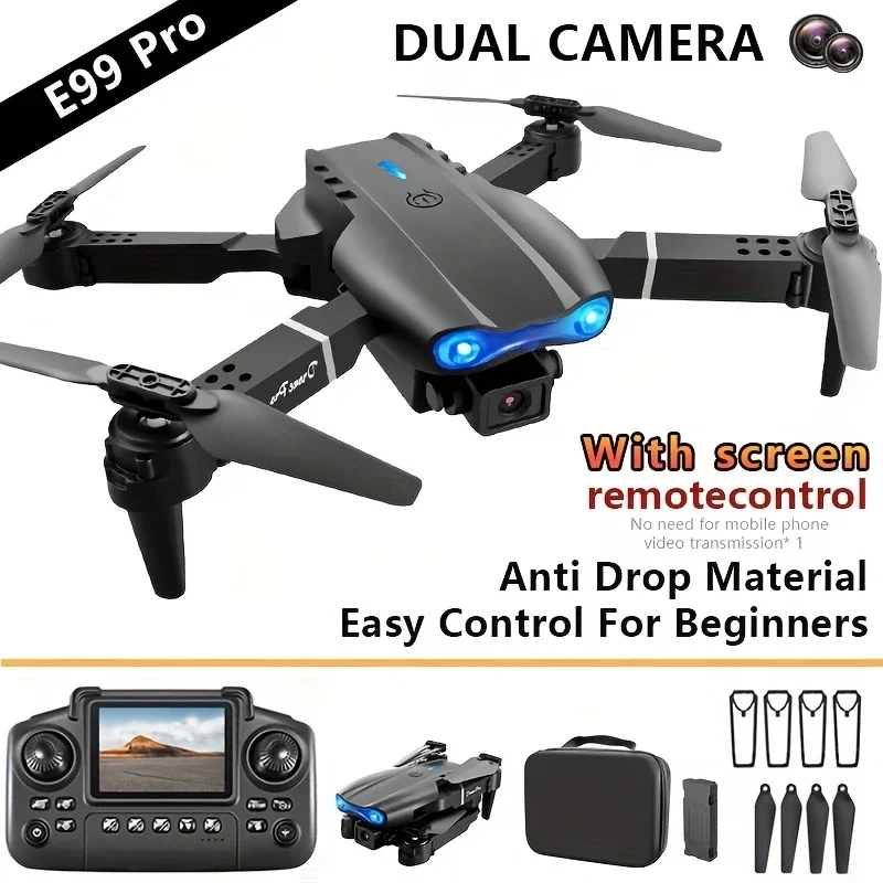 Drone pieghevole E99Pro, dotato di doppia telecamera ad alta definizione e funzione per evitare ostacoli, telecomando con motore brushless
