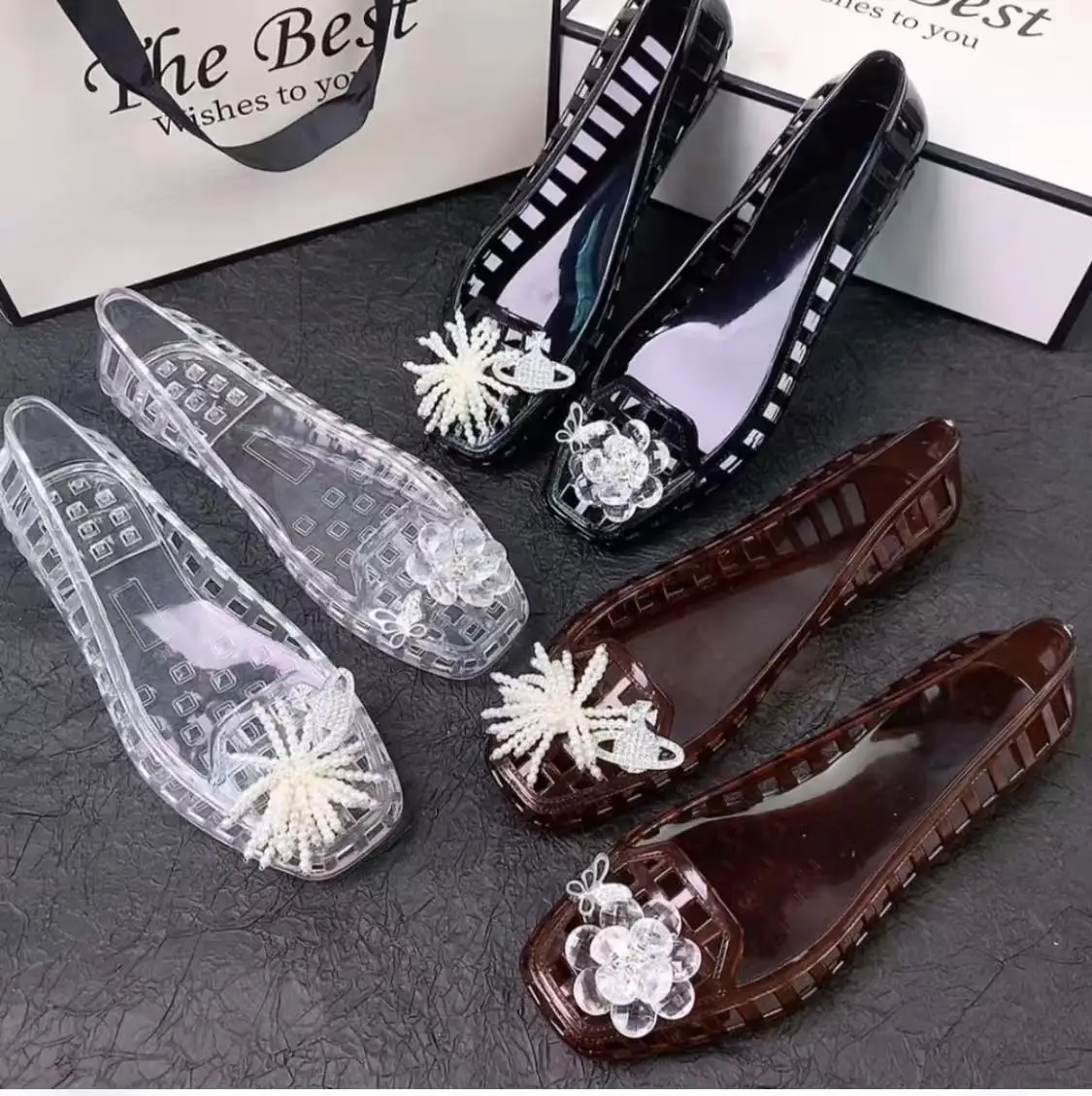 Fashionable Women's Crystal Shoes, Summer Square-Toe Women's Shoes, Planet Handmade Flower Set Accessories, Sandals, Jelly Shoes, Slip-On Slippers