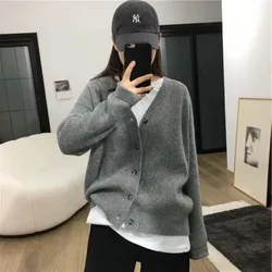 Autumn and winter new thick 100%cashmere V-neck cardigan women's sweater knitted loose Korean version coat