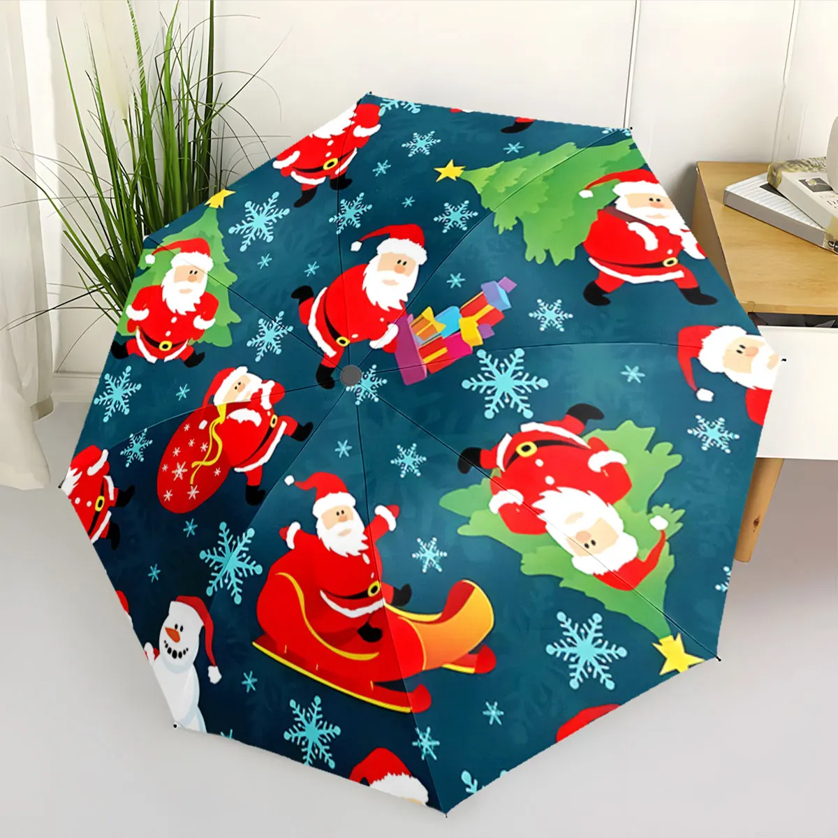 Santa Claus Christmas Pattern with Snowflakes and Gifts portable waterproof sun rain umbrella for outdoor travel beach