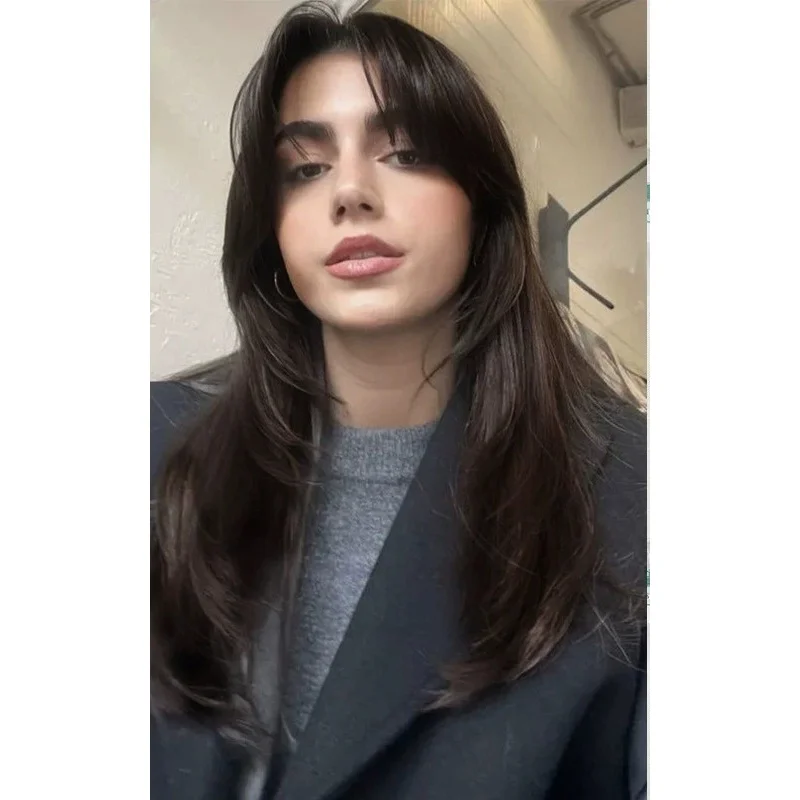 Dark Brown Layered Cut Wave Wigs Human Hair Lace Front Wigs 20inch