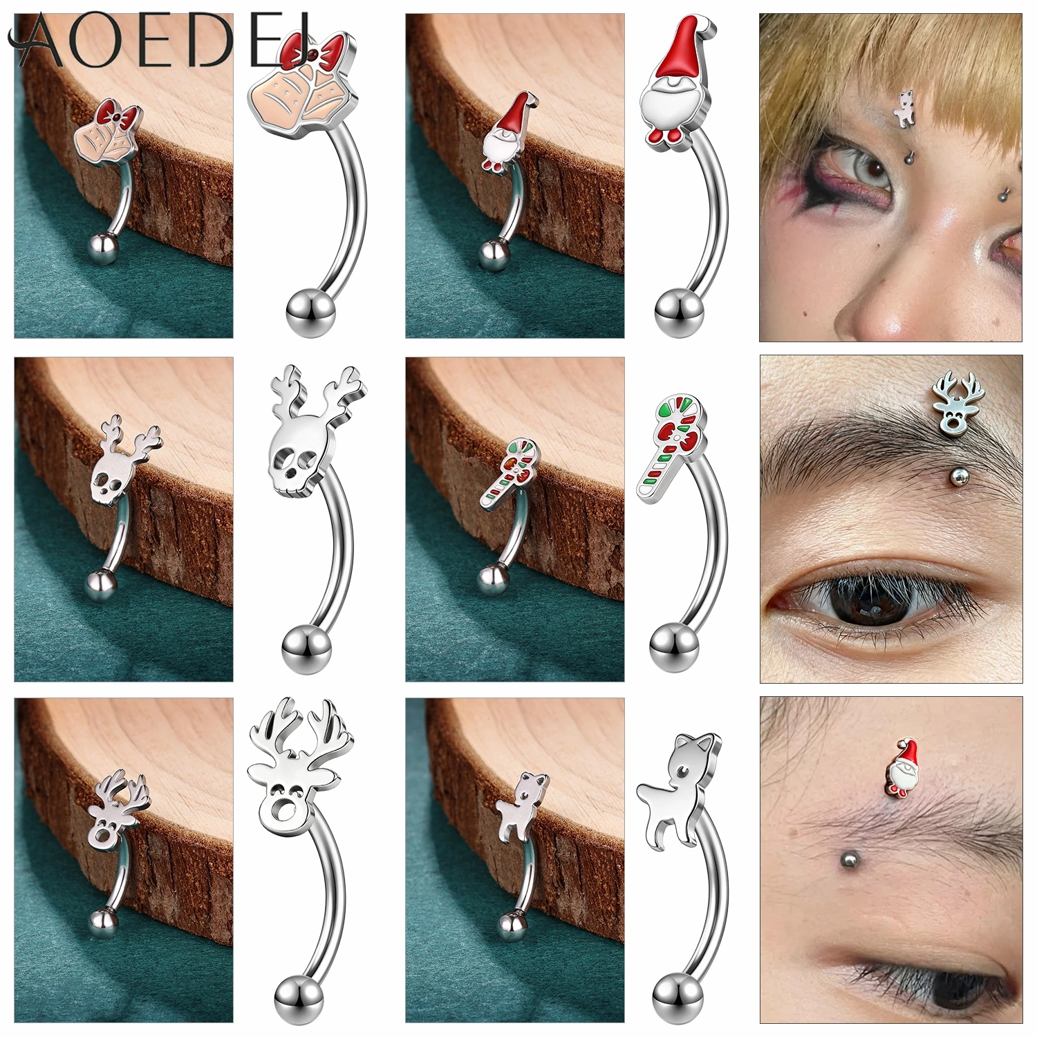 

AOEDEJ 1 PC 16G Cartoon Stainless Steel Eyebrow Rings Women Men Christmas Eyebrow Piercings Red Color Deer Body Piercings Gifts