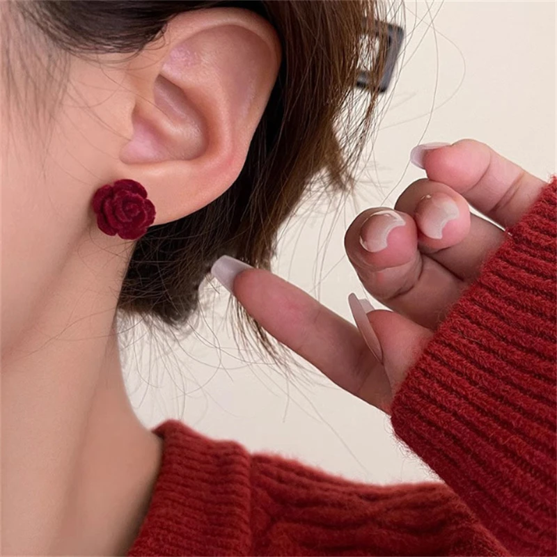 Wine Red Flocking Flower Velvet Small Exquisite Stud Earrings for Women Korean Lovely Temperament Jewelry Lady Brincos Girl Gift - view 4