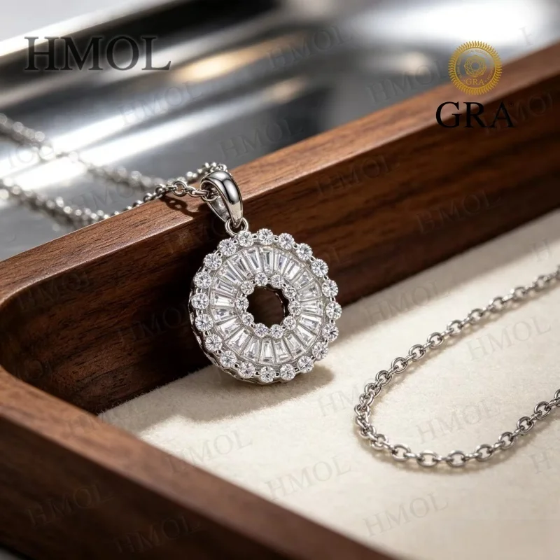 Moissanite Necklace D Baguette Round Halo Circle Pendant 925 Silver Anti-Allergy Women Necklace Daily Commute High Grade Jewelry