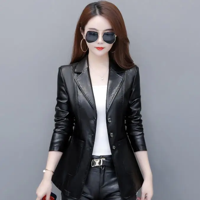 High Quality 2024 Spring Autumn New Leather Coat Women\'s Short Slim Suit Collar Leather Jacket Female\'s Coat Black