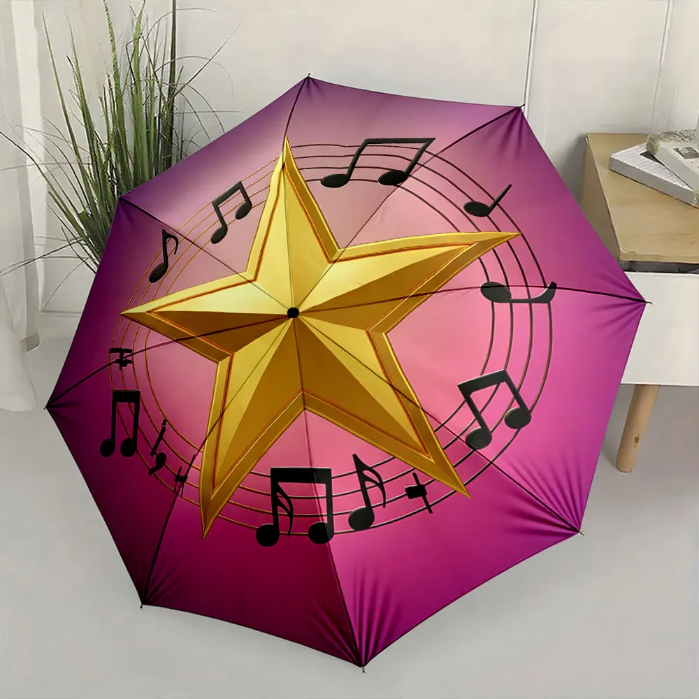 1PC Golden Star and Music Notes Design on Purple Umbrella Print 8 Iron Ribs Folding Umbrella Auto-Open Fashion Sunshade