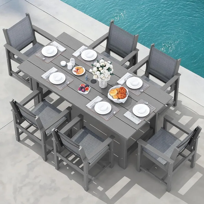 7-piece outdoor dining set for 6 people, comes with 1 rectangular table with umbrella hole and 6 chairs