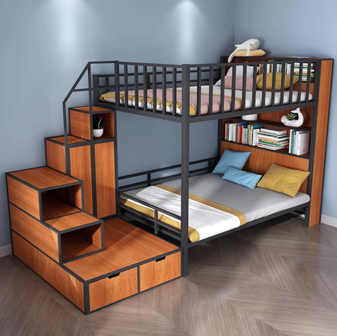 Wrought iron bed Modern simple dormitory apartment step storage duplex bed