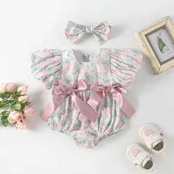 MILANCEl Summer Baby Girls Clothes Floral One Piece Front Bow Girls Bodysuit Puff Sleeve Outfit