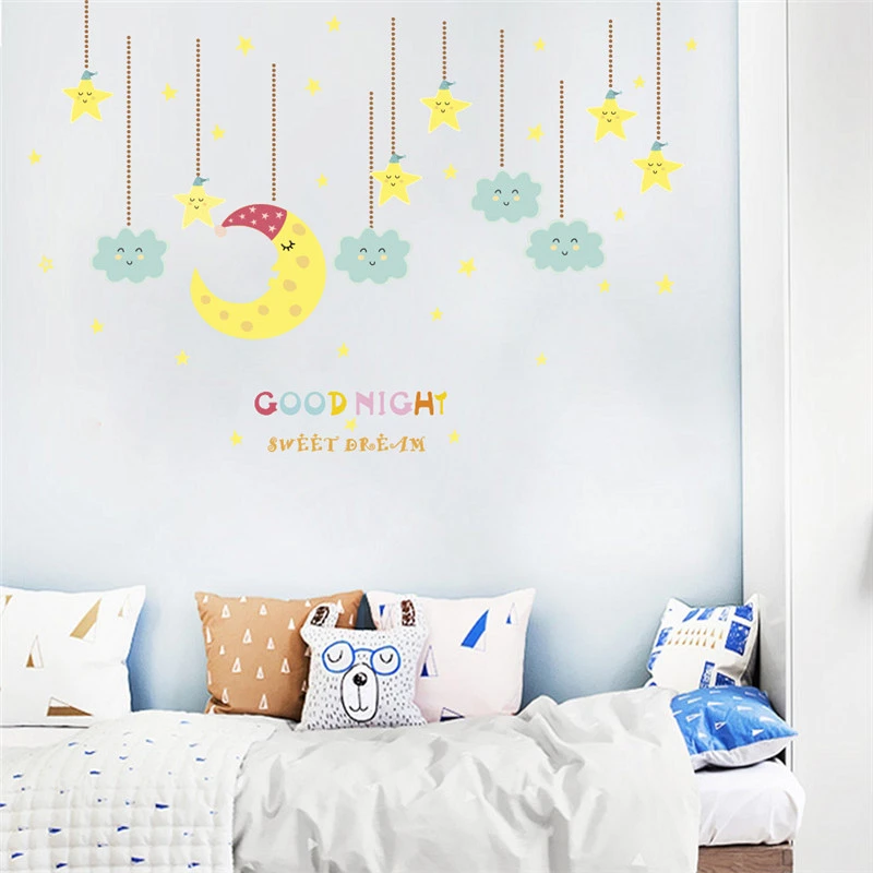 Sweet Dream With Moon & Star Pattern Wall Stickers For Kids Room Bedroom Home Decoration Diy Cartoon Mural Art Pvc Wall Decal