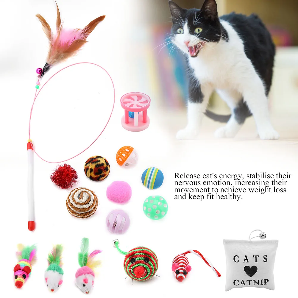 16Pcs Variety Pack Cat Toys Tease Stick Mouse Balls Catnip Sisal Feather Gift Combination Set