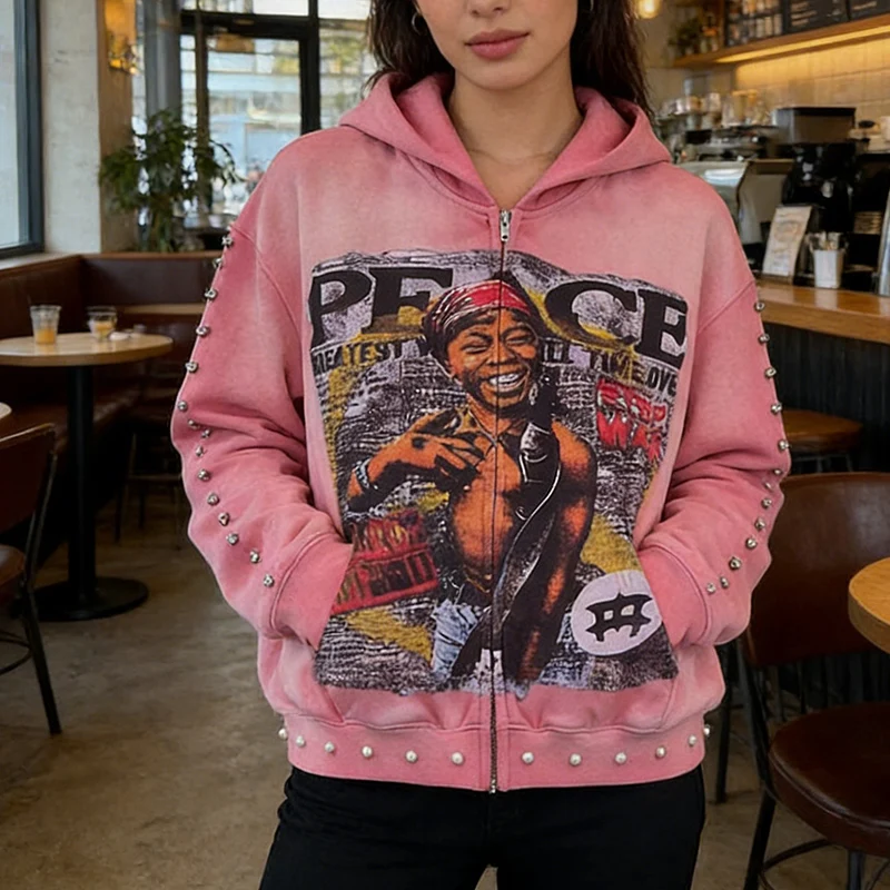 Autumn Winter Bead Decoration Hip Hop Harajuku Streetwear Y2K Vintage Abstract Aesthetic Personalized Print Zipper Loose Hoodie