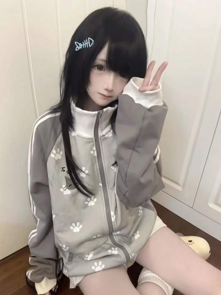 2026 Japanese Cat Embroidery Grunge Sweatshirts Women Y2k Aesthetic Patchwork Loose Hoody Casual Stand Neck Hoodie Preppy Style
