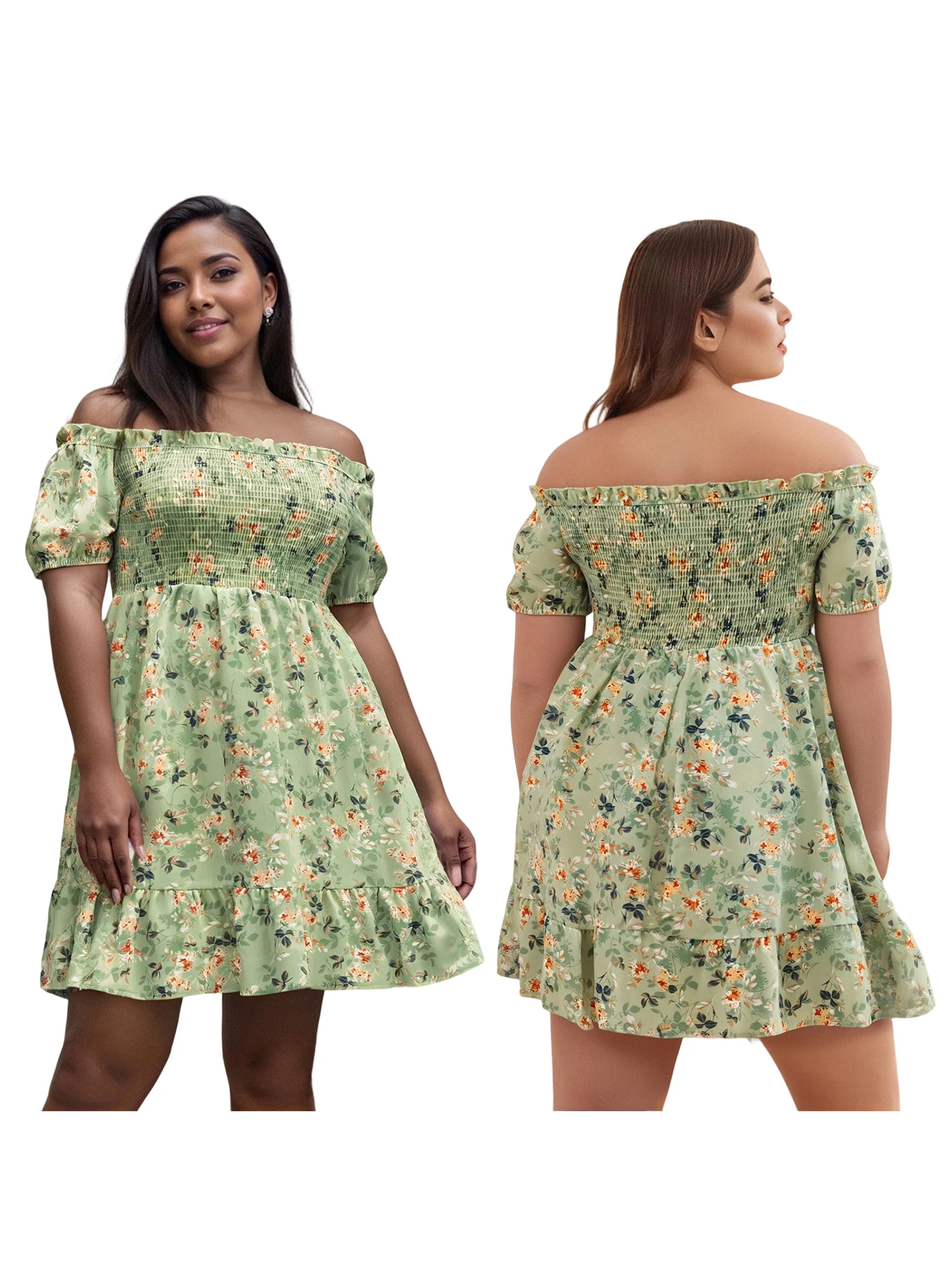 Vestido maxi feminino elegante plus size com ombro de fora com estampa floral e detalhes de babados para eventos e festas de verão
