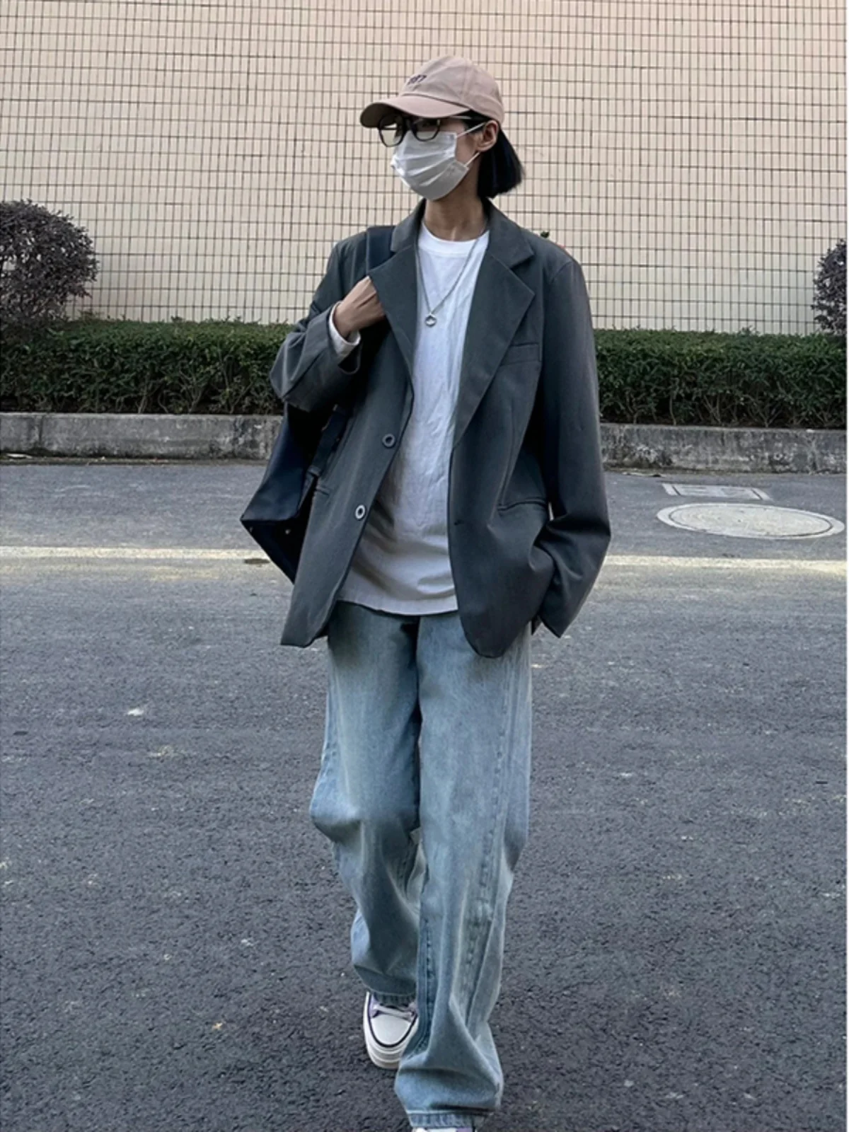 

Мужской повседневный костюм в неаполитанском стиле: модный корейский пиджак с длинным рукавом, свободный крой, полиэстер, весна-осень