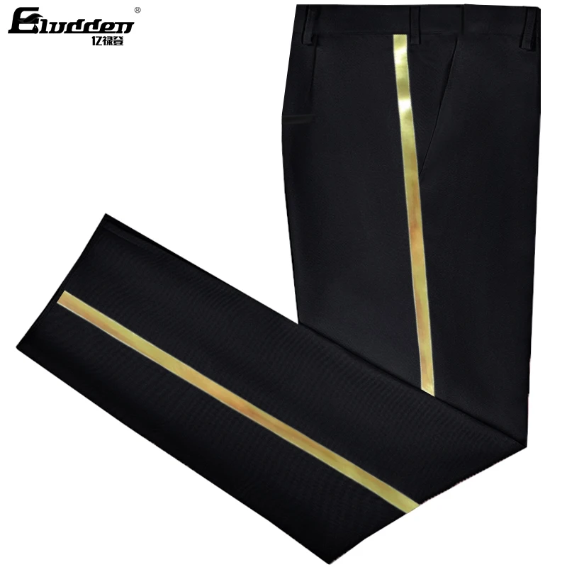 Men\'s black suit pants Gold leather trim Casual Male Formal Business Office Pants Elastic Straight Formal Trousers Plus big size