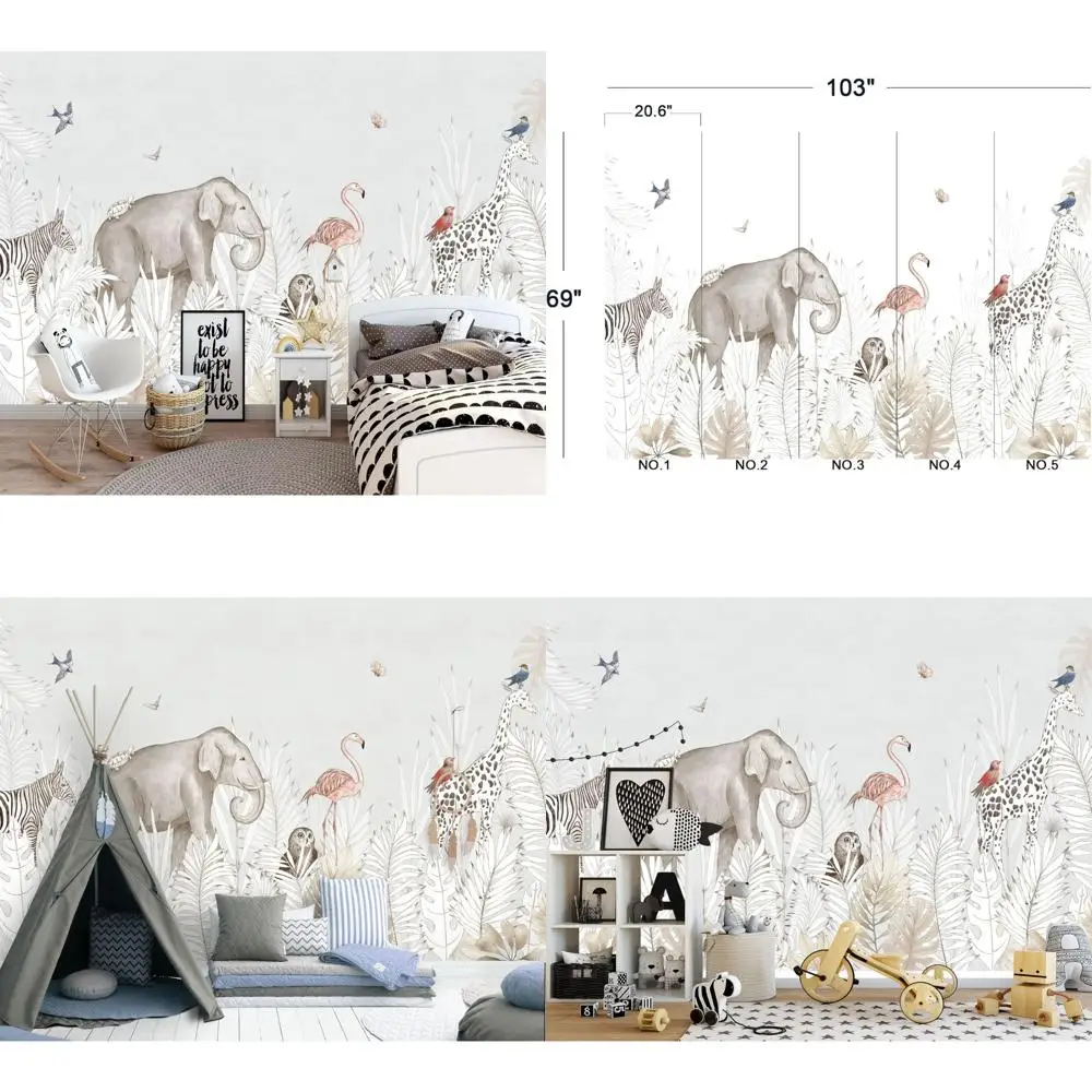 Mural de parede para berçário de animais com tema de elefante e zebra, 103 x 69 polegadas, ideal para decoração de quarto de bebê