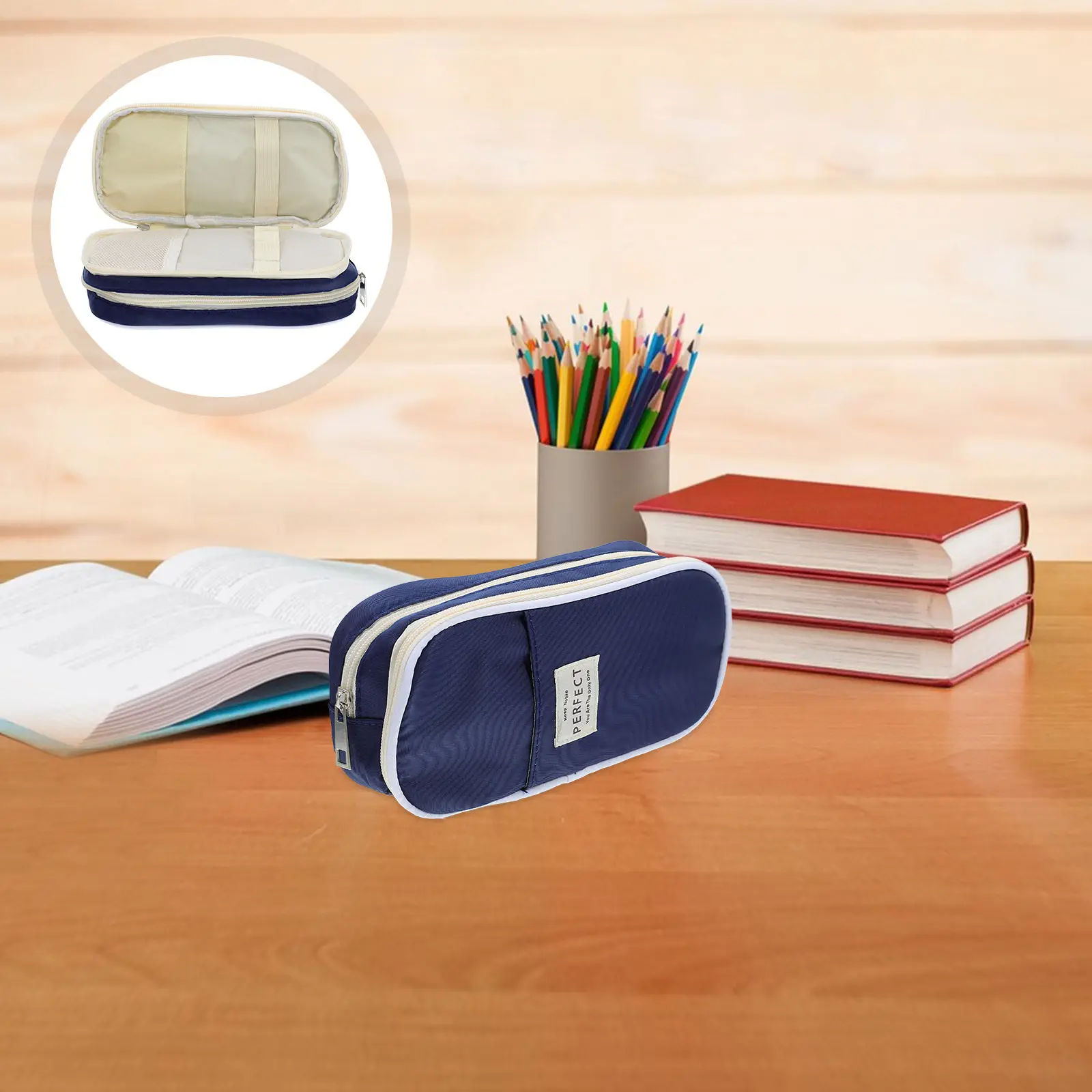 

Dark Blue Large Storage Pencil Case Zippered Organizer Desk Pencil Box for School Office Supplies Teens
