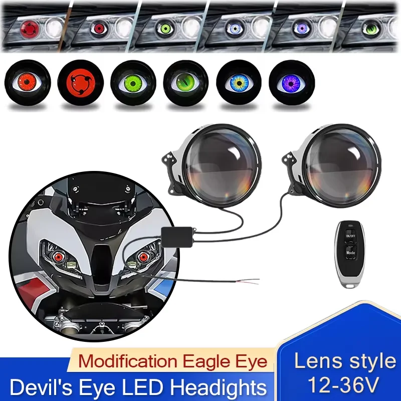 12-36V LED Car Dynamic Devil Eye Large Light Angel Eyes Dynamic Headlight Assembly With Remote Control 6 Low Light Modes Control