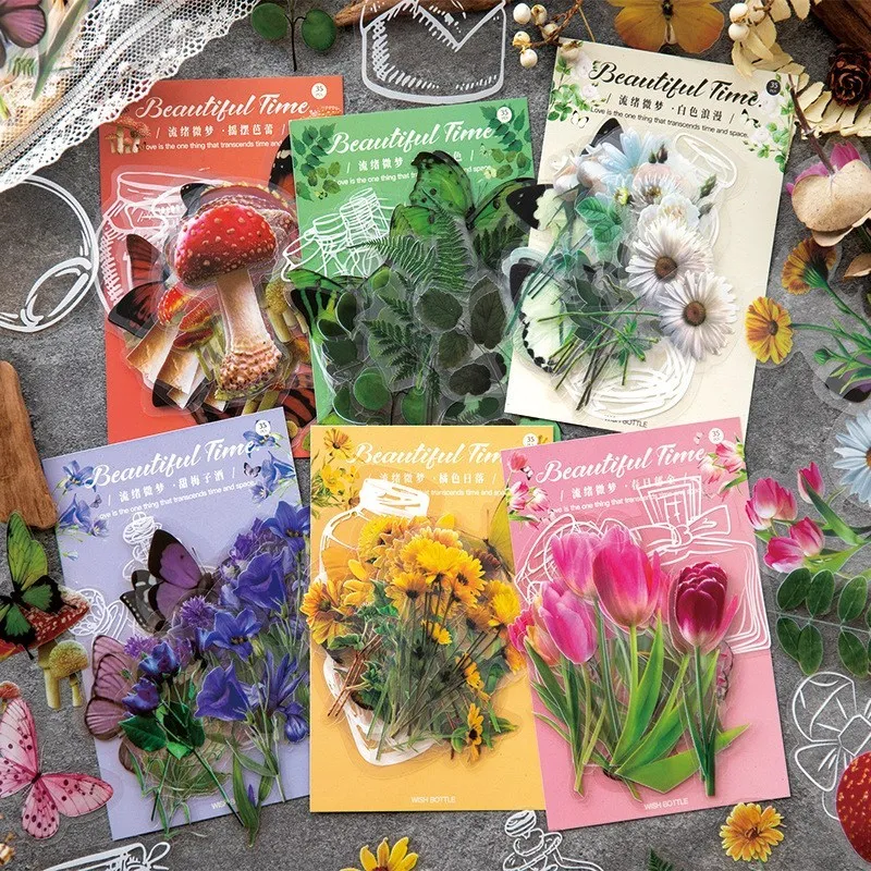 Paquet d'autocollants de fleurs et de feuilles, plantes fraîches, transparent, étanche, décoration de compte à main, matériel de scrapbooking, 35 pièces