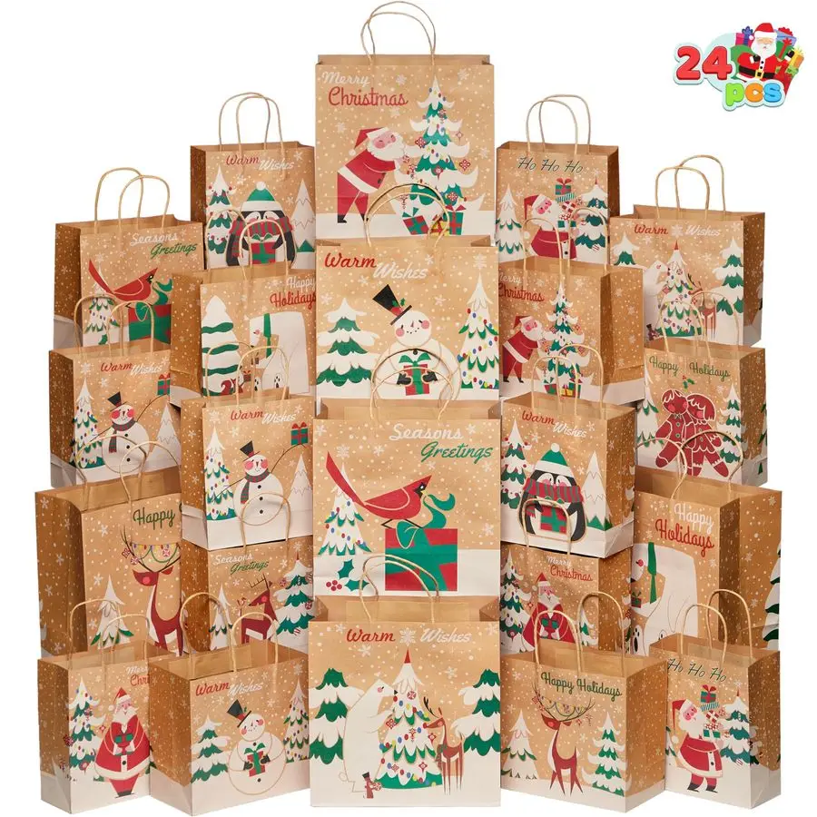 

24 PCS Christmas Kraft Gift Bags with Assorted Sizes, Present Bags for Wrapping Xmas Holiday Party Favors, Thanksgiving Gift Dec