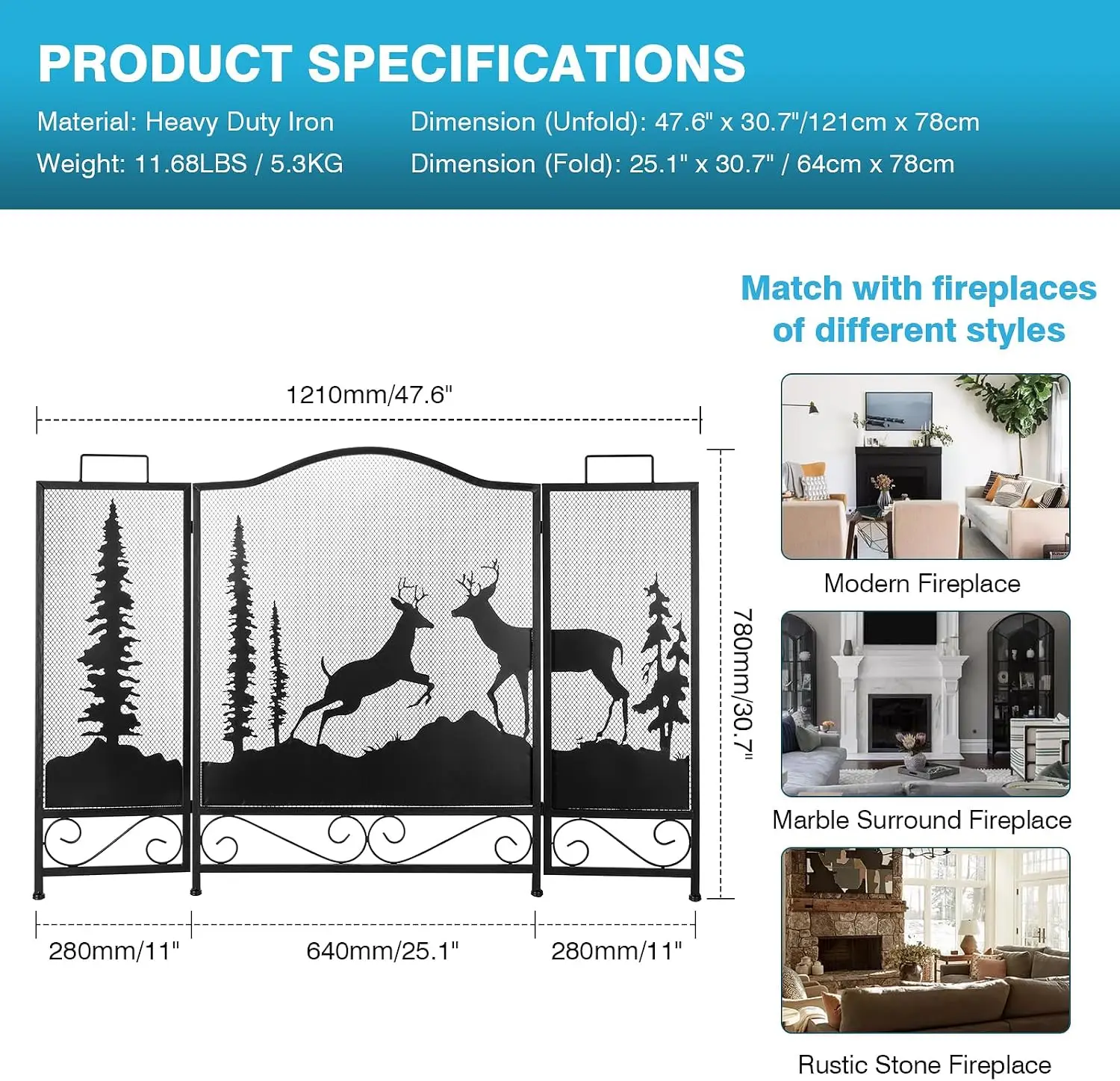 3 Panel Fireplace Screen with Deer Pattern, 47.6