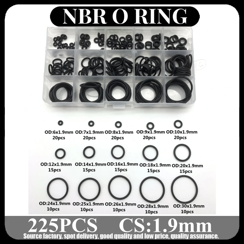 

225pcs/Box Rubber O Ring Thickness1.9mm Assortment Black O-Ring Seals Set Nitrile Washers High Quality For Car Gasket 15 Sizes