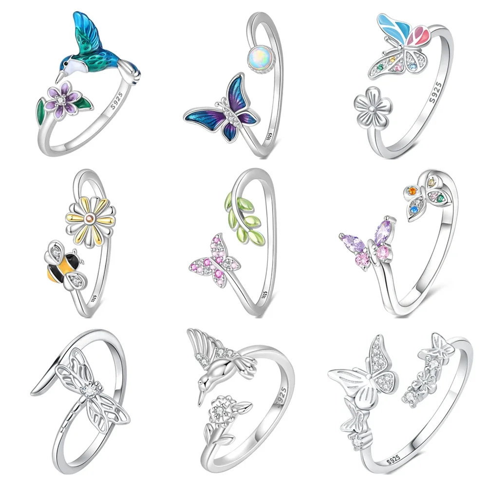 Original 925 Sterling Silver Rings Butterfly Hummingbird Bee Animal Open Adjustable Ring For Women Girls Jewelry Birthday Annive