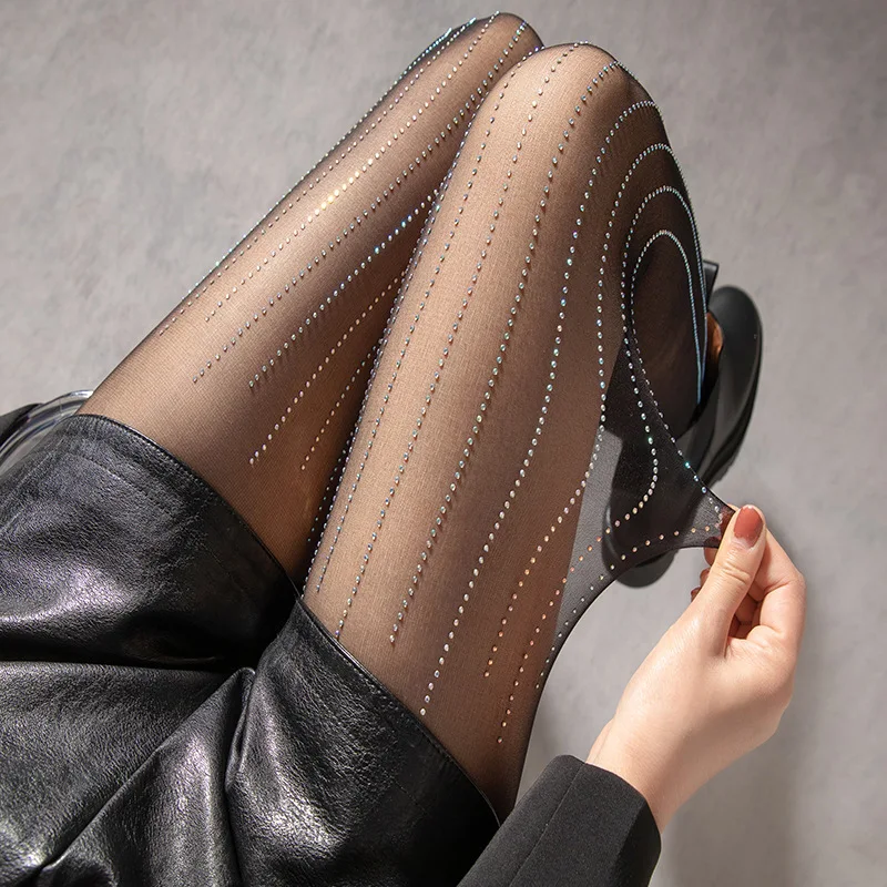 2025 Breathable 15D Popular New Style Women Pantyhose Spring Summer Anti Silk Diamond encrusted Stockings Arbitrary Cut Black