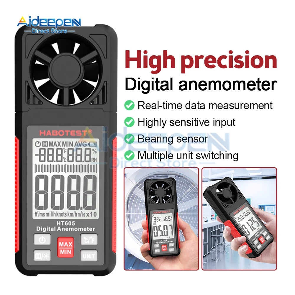 HT605 Digital Anemometer Portable Wind Speed Meter Windmeter LCD Backlight Display Temperature Humidity Meter