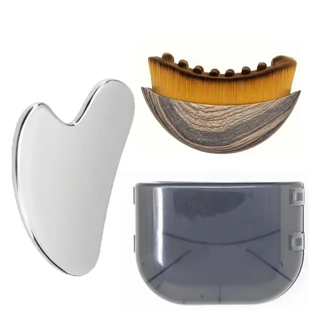 Набор из 2-х инструментов для гуаша из нержавеющей стали и щеток для лимфодренажного массажа лица, инструмент для коррекции овала лица, инструменты для ухода за кожей лица