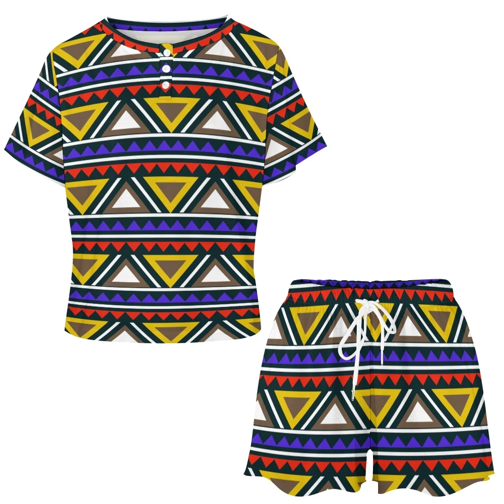 African Style Pattern Women's 2-Piece Button Down Short Sleeve Button Front Sleepwear Loungewear PJ Set Summer Home Suit