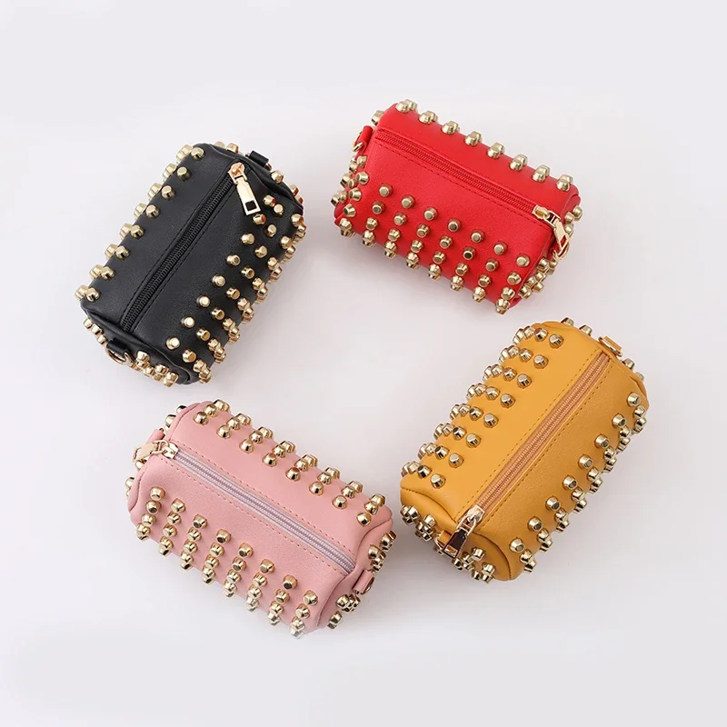 New Fashion Cute Mini Shoulder Bag for Children and Girls Princess Rivet Trend Solid Color Coin Zero Wallet Crossbody Bag