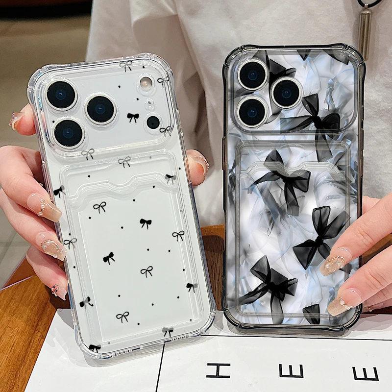 Kartenfach Klare TPU Handyhülle für iPhone 17e 17 Pro Max 16 15 14 13 Pro Max 16e 11 Schwarzes Schleifenmuster Weiche Silikonhülle