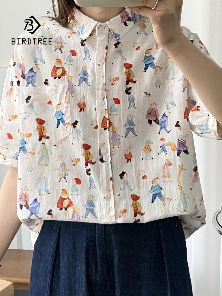 New Spring Cotton Cartoon Printed Shirt Women Lapel Half Sleeve Versatile Tops Girl Age Reduction Blouse 2024 Autumn T43089QC