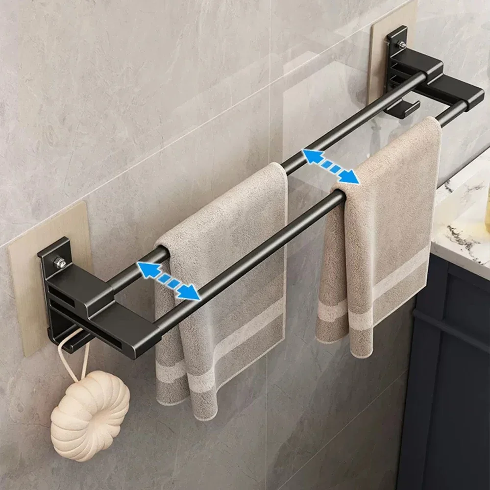 Space Aluminum Bathroom Towel rack Without Drilling Self-adhesive Double rod Towel Bar Shower Towel Holder Bathroom Organizer