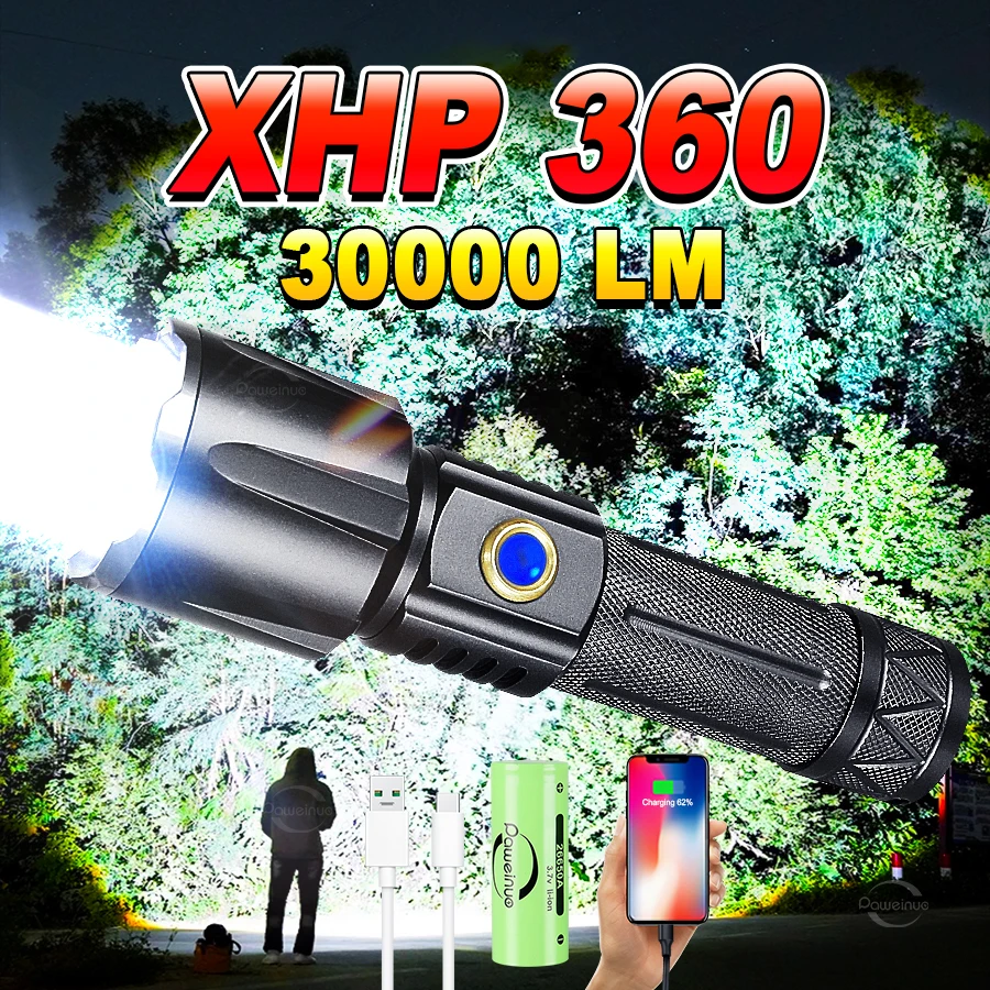 30000LM XHP360 Most Powerful Flashlight 5000mAh USB Rechargeable High Power LED Flashlights Tactical Torch Portable Hand Lamp