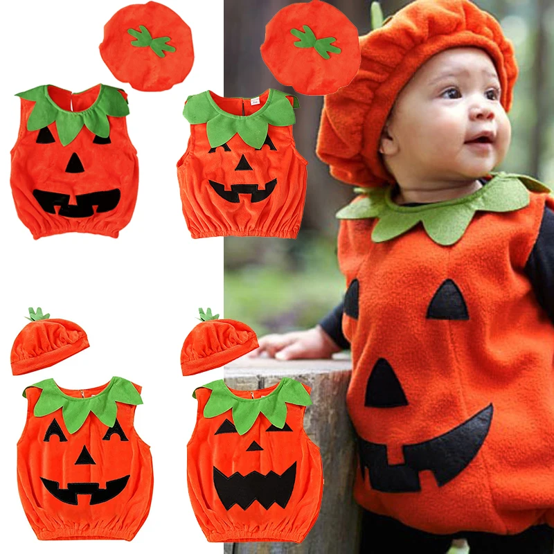 

Toddler Costume Boys Girls Pumpkin Romper With Hat Kids Cosplay One-Piece Infant Summer Casual Onesie Halloween Jumpsuit 0-5 Yrs