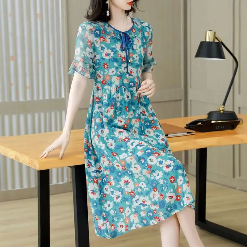 

Female Clothing Broken Flowers Midi Dress Casual O-Neck Stylish Drawstring Summer Short Sleeve Korean Basic A-Line Waist Dresses